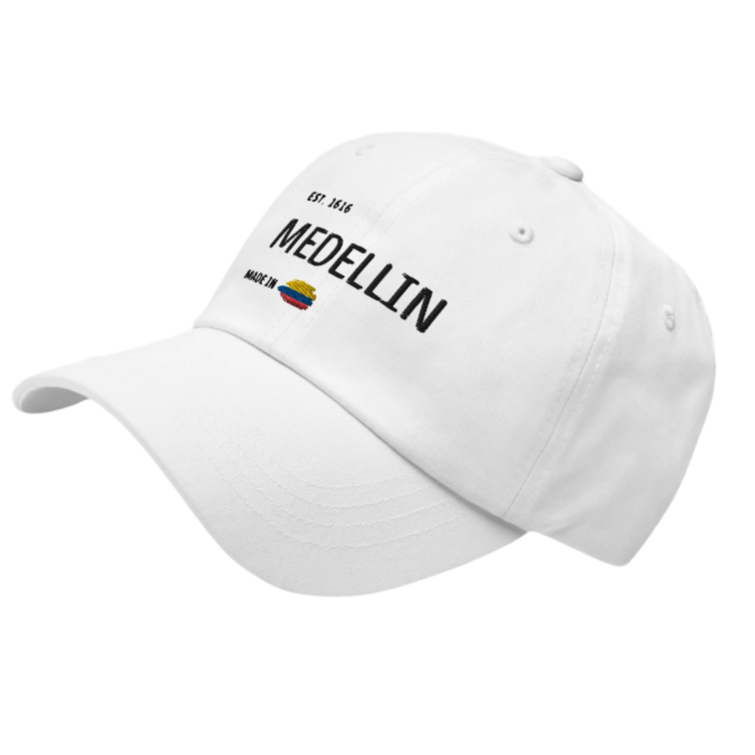 Crisp white dad hat featuring 'MedellÃn' embroidered in bold lettering with a small Colombia flag icon, celebrating Colombian pride in a stylish and minimal design.