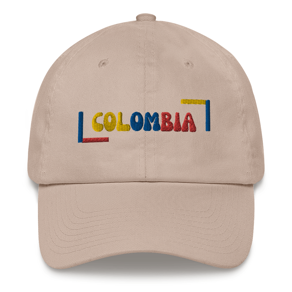 Classic Stone dad hat featuring a colorful 'COLOMBIA' text design in yellow, blue, and red, inspired by the Colombian flag.