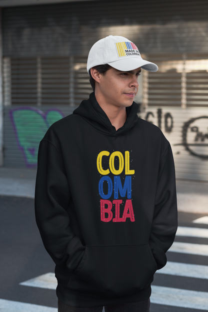 Unisex black premium hoodie featuring a bold vertical 'COLOMBIA' design in yellow, blue, and red, representing the colors of the Colombian flag.