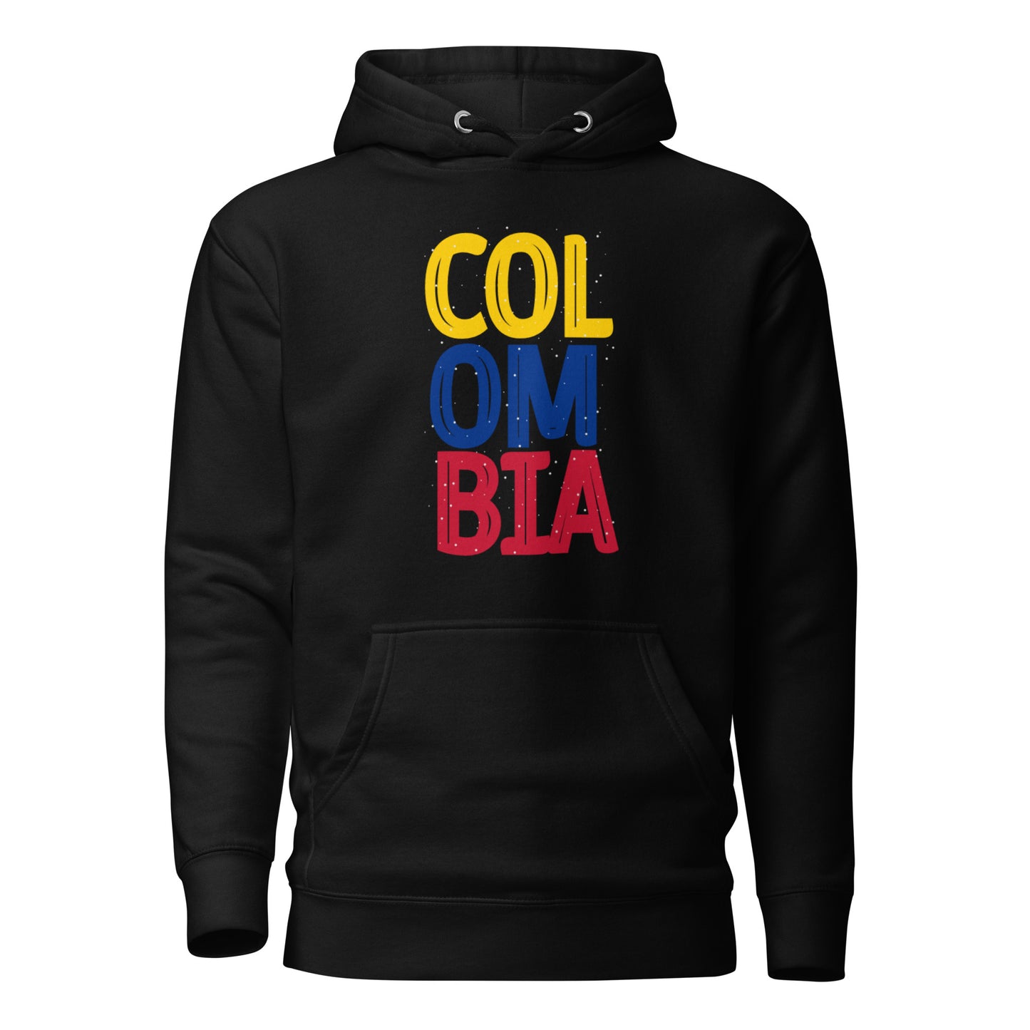 Unisex black premium hoodie featuring a bold vertical 'COLOMBIA' design in yellow, blue, and red, representing the colors of the Colombian flag.