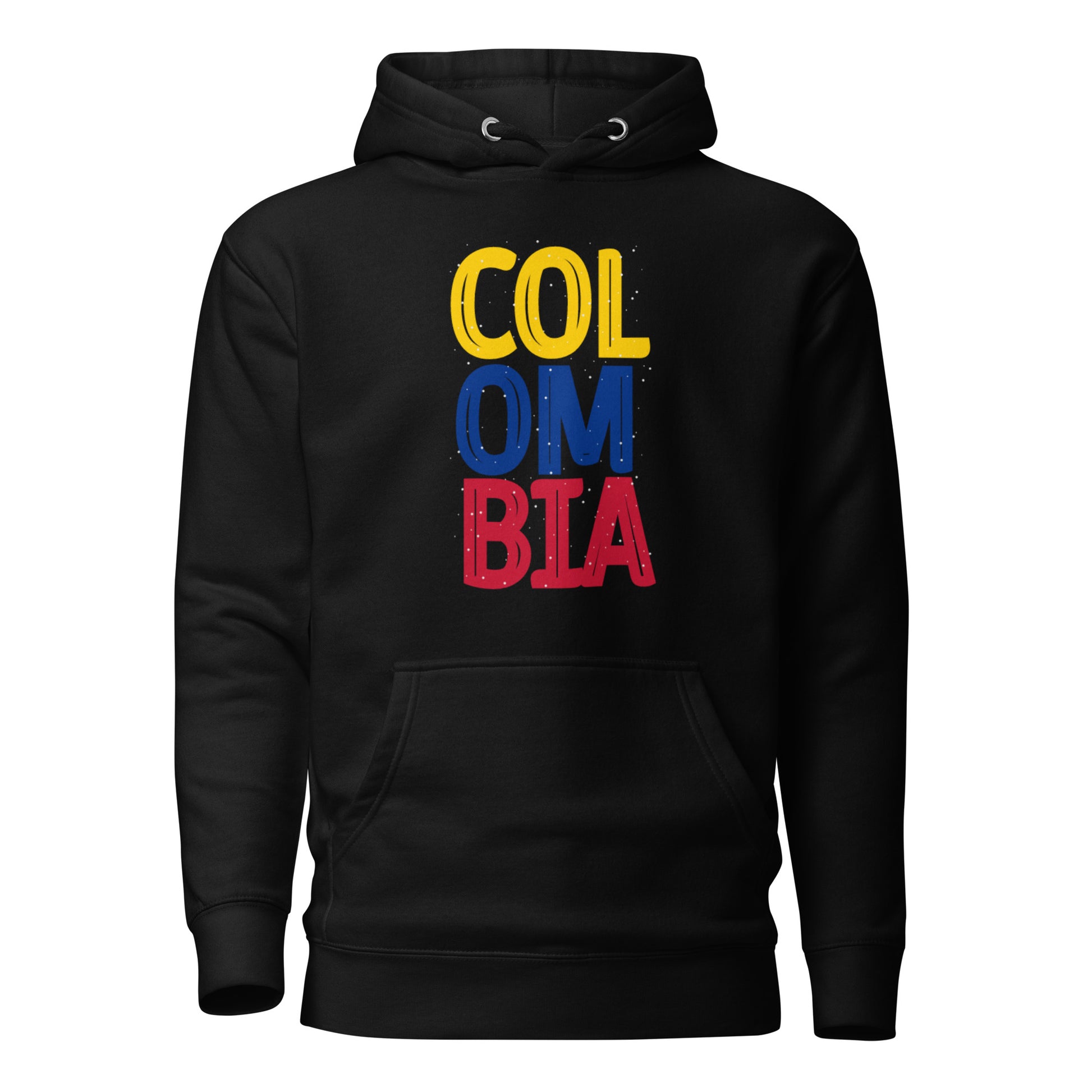 Unisex black premium hoodie featuring a bold vertical 'COLOMBIA' design in yellow, blue, and red, representing the colors of the Colombian flag.
