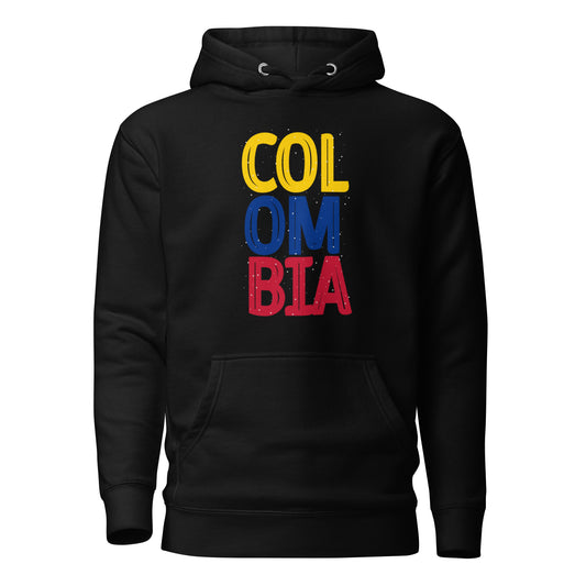Unisex black premium hoodie featuring a bold vertical 'COLOMBIA' design in yellow, blue, and red, representing the colors of the Colombian flag.