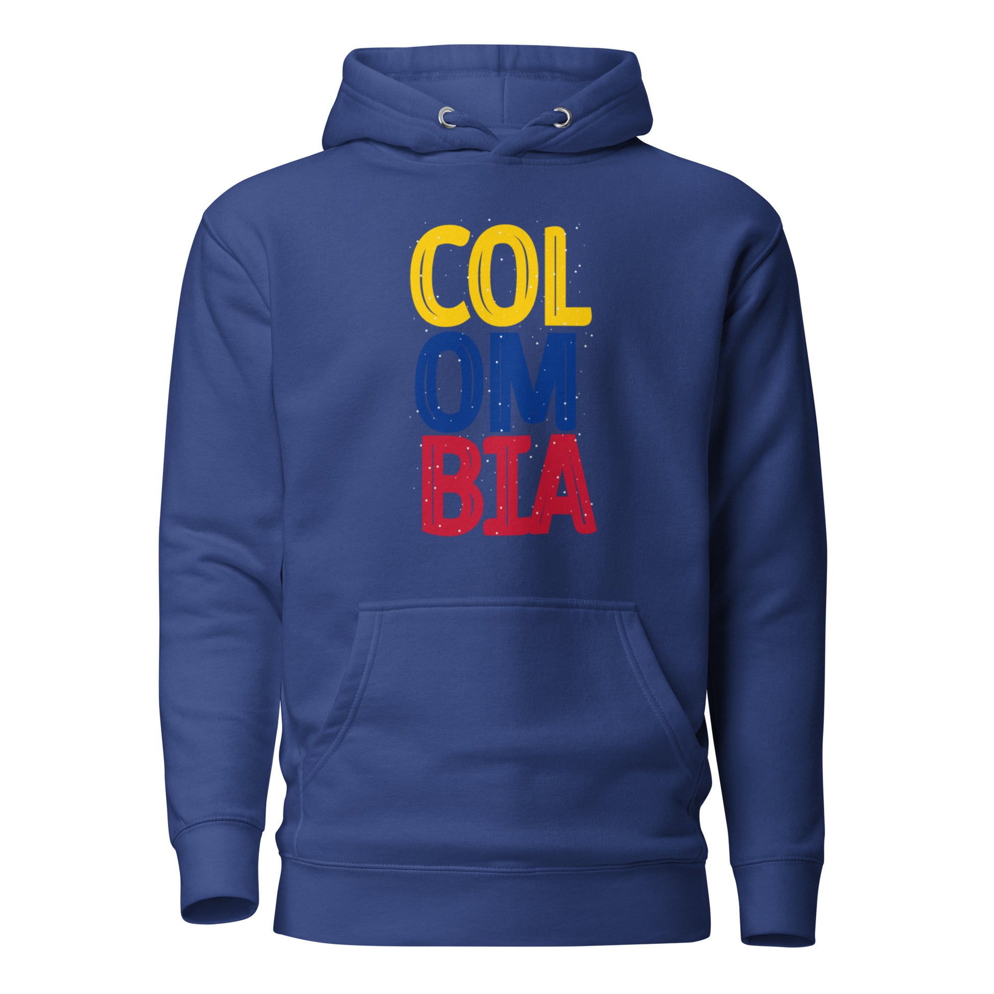 Unisex royal blue premium hoodie featuring a vertical 'COLOMBIA' design in yellow, blue, and red, inspired by the Colombian flag colors