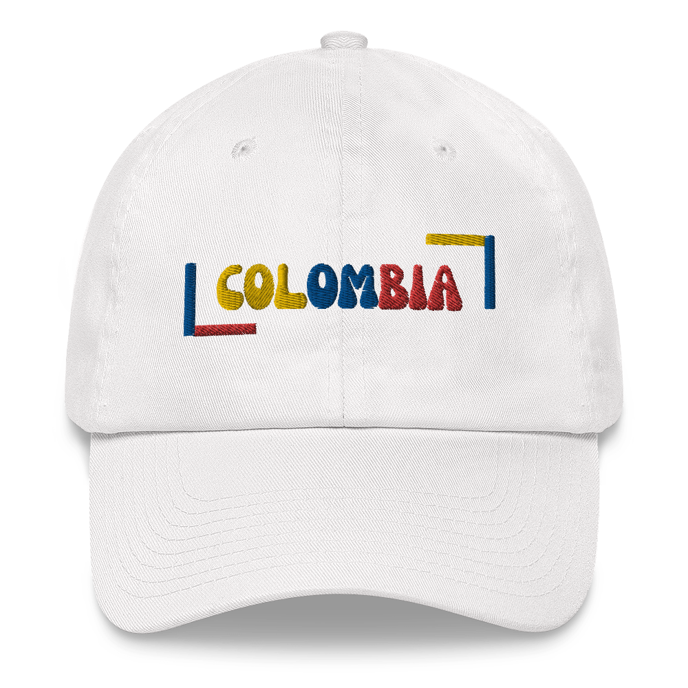 Classic white dad hat featuring a colorful 'COLOMBIA' text design in yellow, blue, and red, inspired by the Colombian flag.