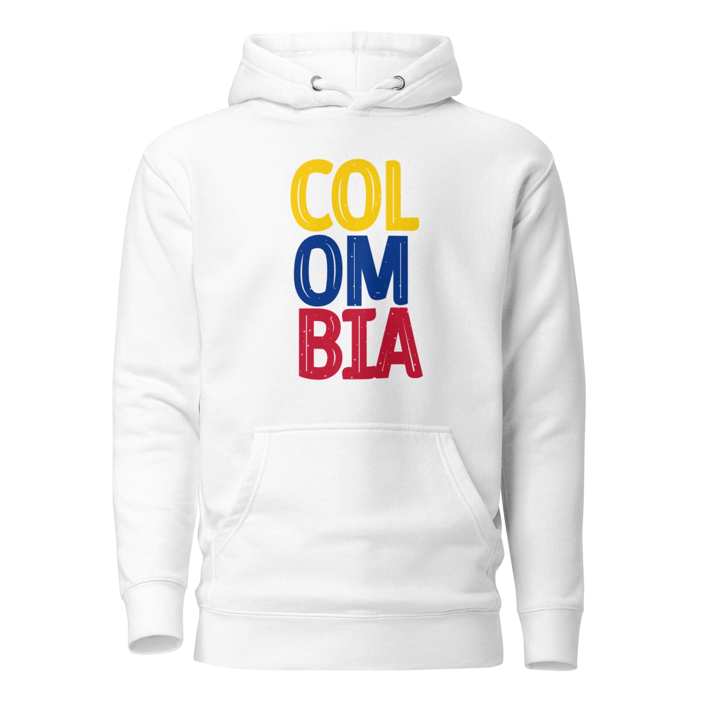Unisex White premium hoodie featuring a bold vertical 'COLOMBIA' design in yellow, blue, and red, representing the colors of the Colombian flag.
