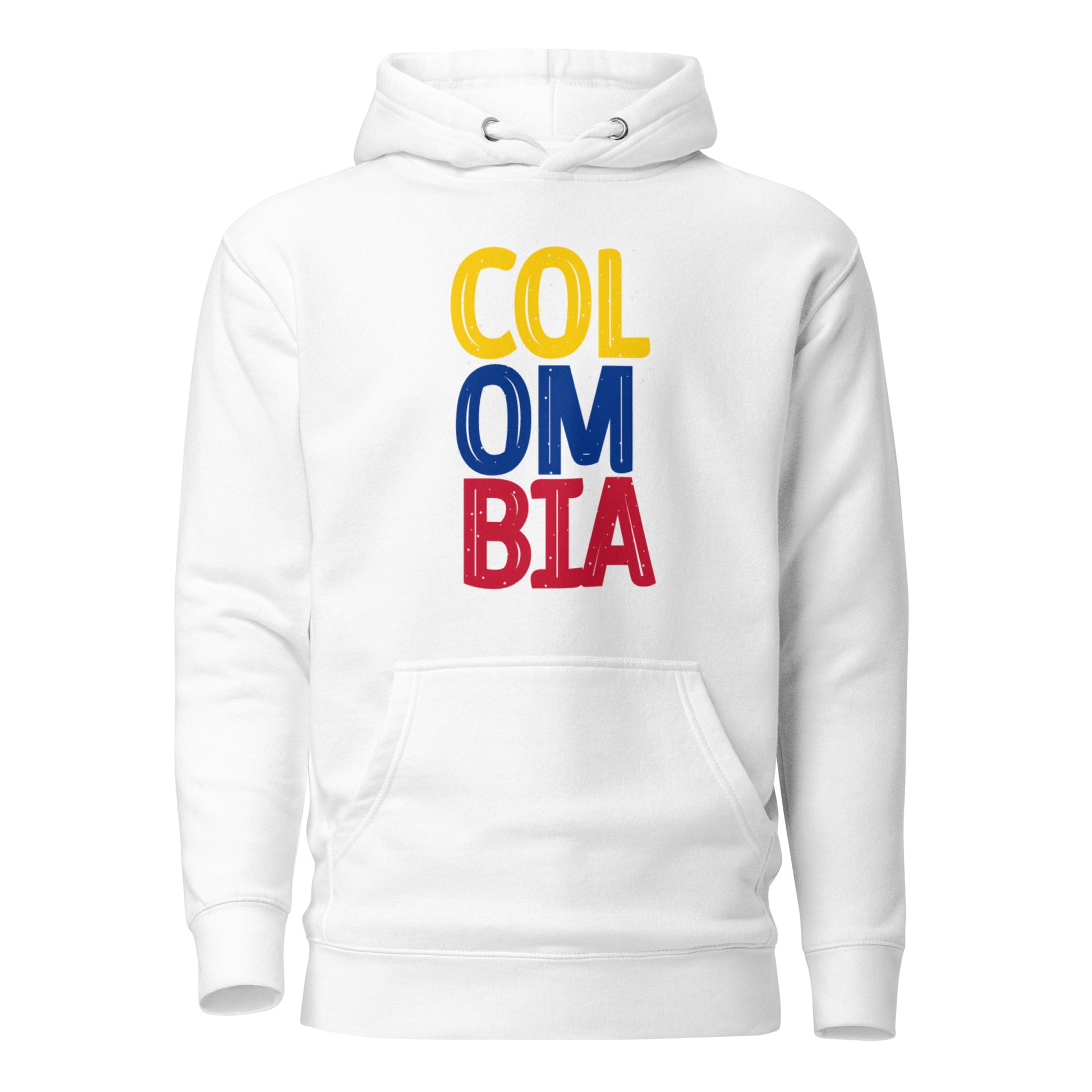 Unisex White premium hoodie featuring a bold vertical 'COLOMBIA' design in yellow, blue, and red, representing the colors of the Colombian flag.