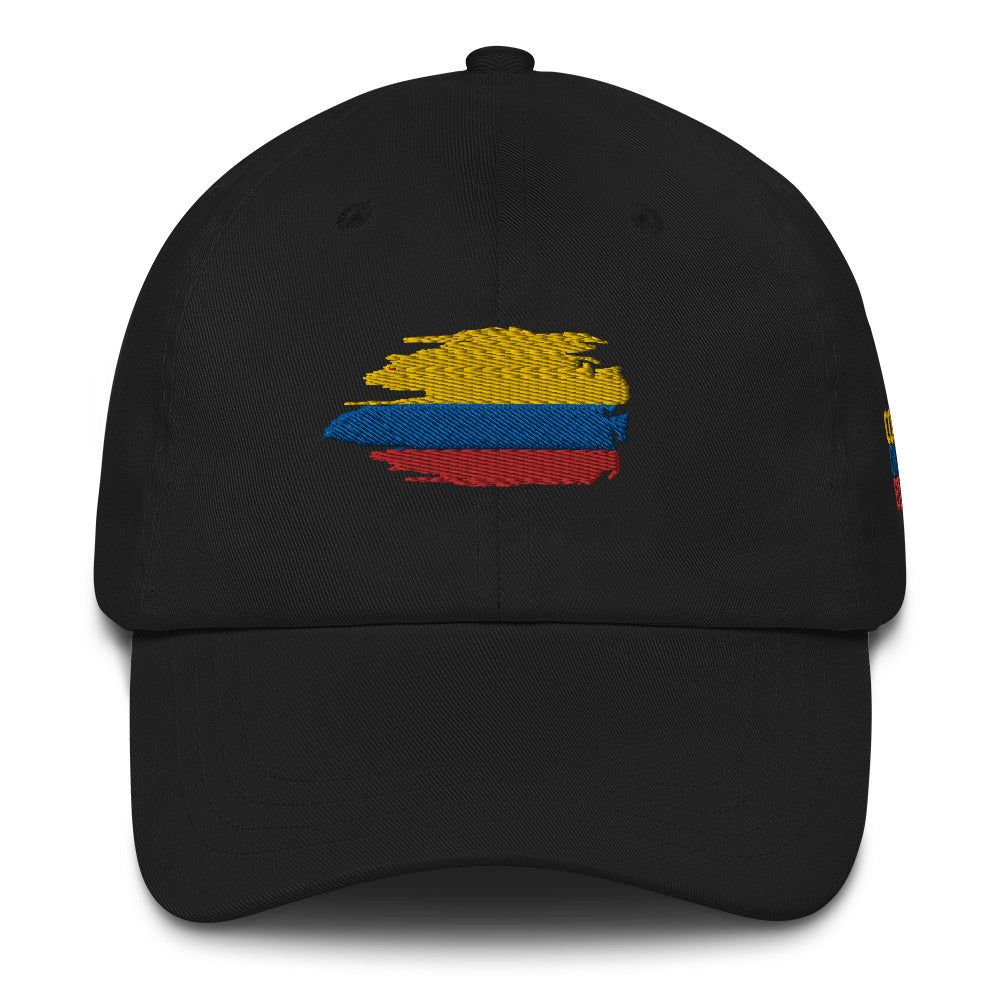 Classic Black dad hat featuring an embroidered Colombian flag brushstroke design. A stylish and subtle way to represent Colombian pride with a modern artistic touch.