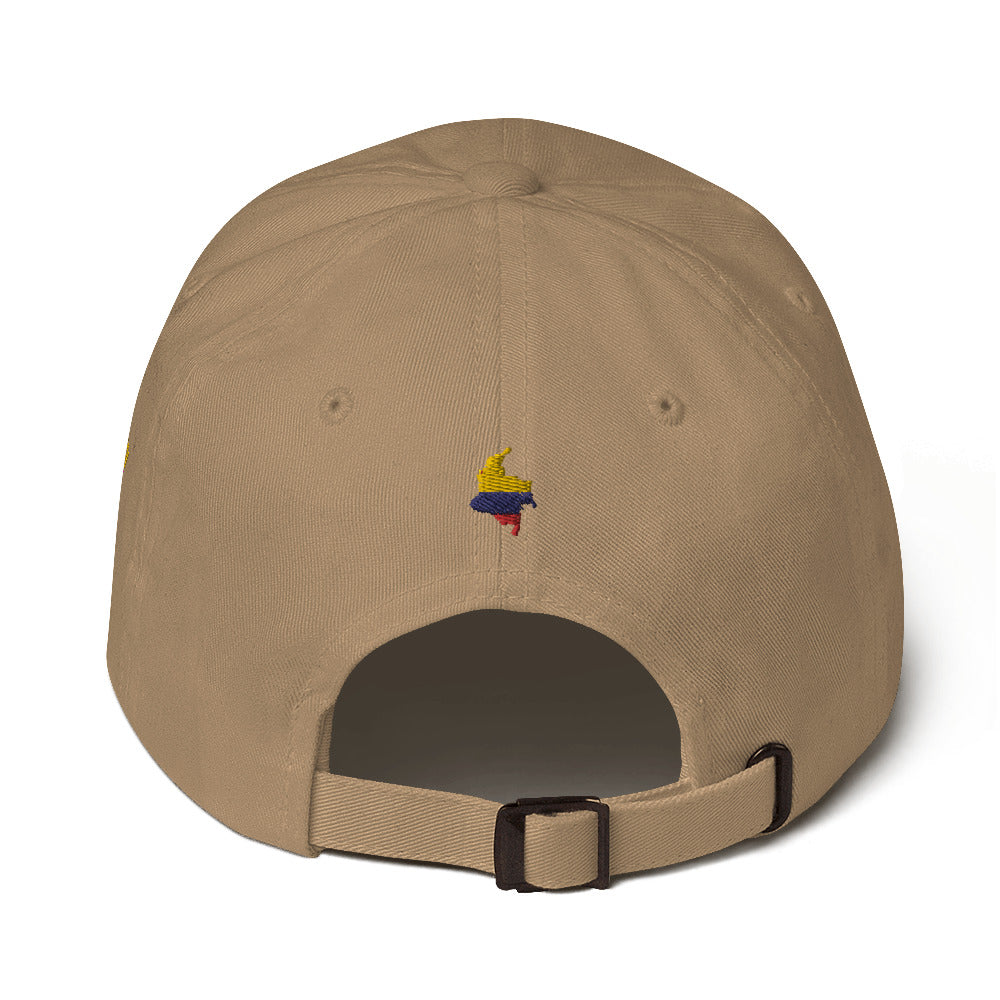 Classic Khaki dad hat featuring an embroidered Colombian flag brushstroke design. A stylish and subtle way to represent Colombian pride with a modern artistic touch
