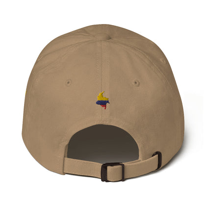 Classic Khaki dad hat featuring an embroidered Colombian flag brushstroke design. A stylish and subtle way to represent Colombian pride with a modern artistic touch