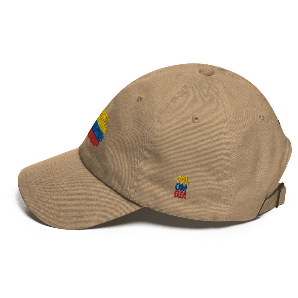 Classic Khaki dad hat featuring an embroidered Colombian flag brushstroke design. A stylish and subtle way to represent Colombian pride with a modern artistic touch